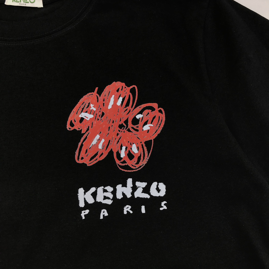 早春新款定制KENZ**植绒花朵字母logo圆领短袖T恤黑色白色粉色SML