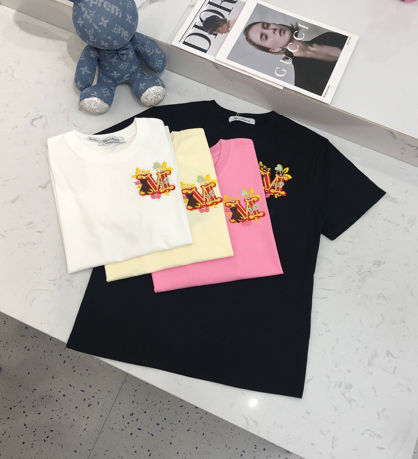 NO:315220,New product custom S, M, L MaxMar** Embroidered Bear M letter round neck short-sleeved T-shirt, T-shirt, tees, t-shirt, alexander wang19860909新品定制S, M, L MaxMar**刺绣小熊M字母圆领短袖T恤,,T-shirt,tees，t-shirt,alexander wang,Women's clothing