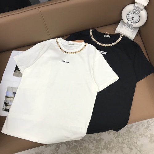 Miu Miu Bohemian-Style Logo Round Neck Short Sleeve T-Shirt in Black and White 1 Miu Miu Bohemian-Style Logo Round Neck Short Sleeve T-Shirt in Black and White