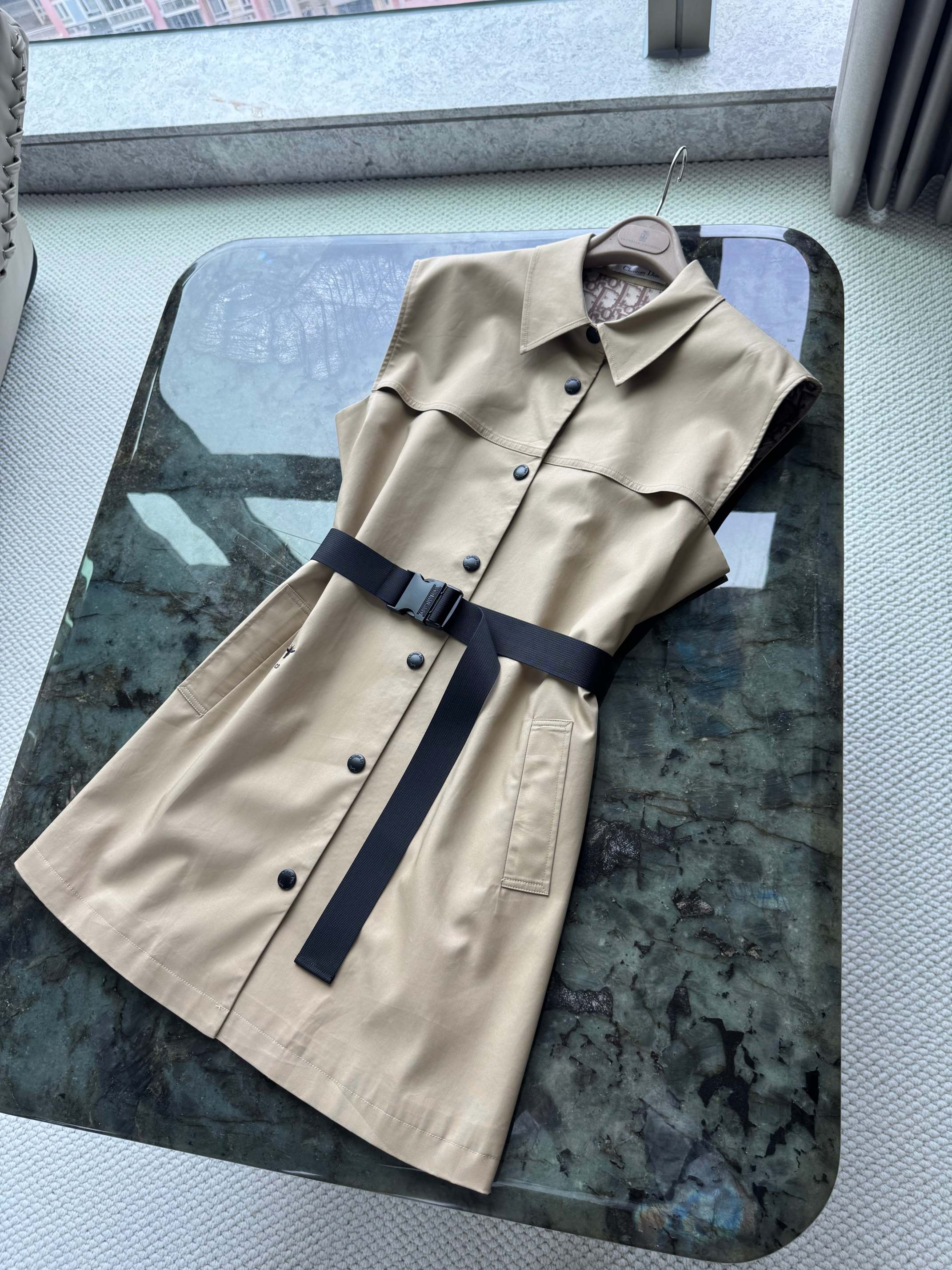 Khaki Sleeveless Workwear Dress with Bee Embroidery and Belted Waist 4 a1749713477563 6046