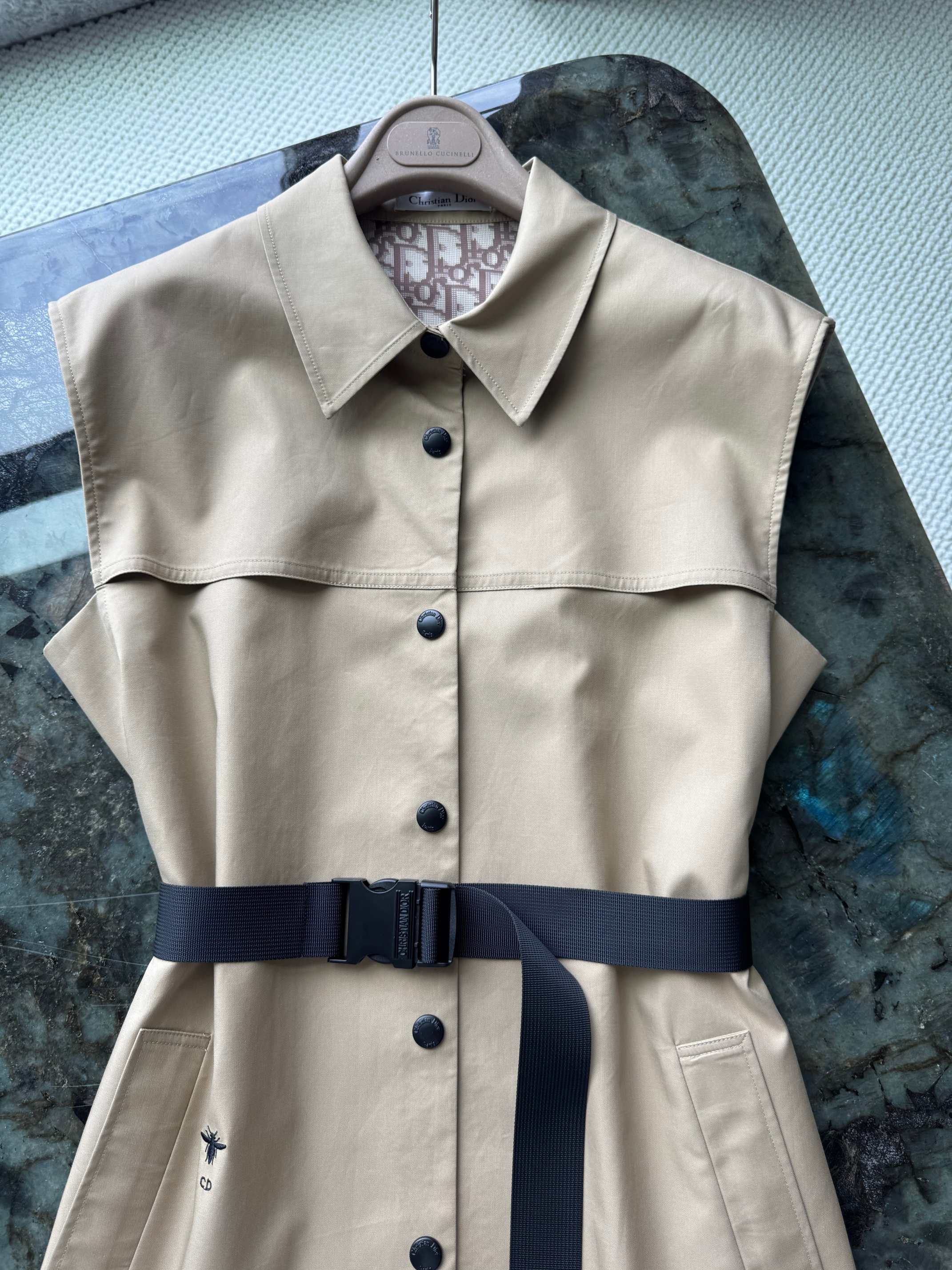 Khaki Sleeveless Workwear Dress with Bee Embroidery and Belted Waist 6 a1749713477855 0105