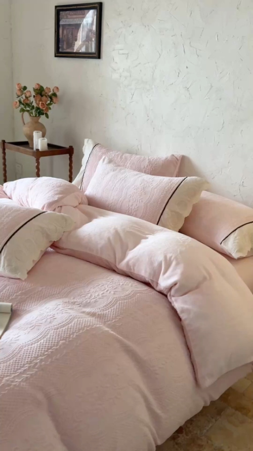 Elegant Pink Embroidered Bedding Set, Soft and Comfortable Bedroom Decor 3 Elegant Pink Embroidered Bedding Set, Soft and Comfortable Bedroom Decor