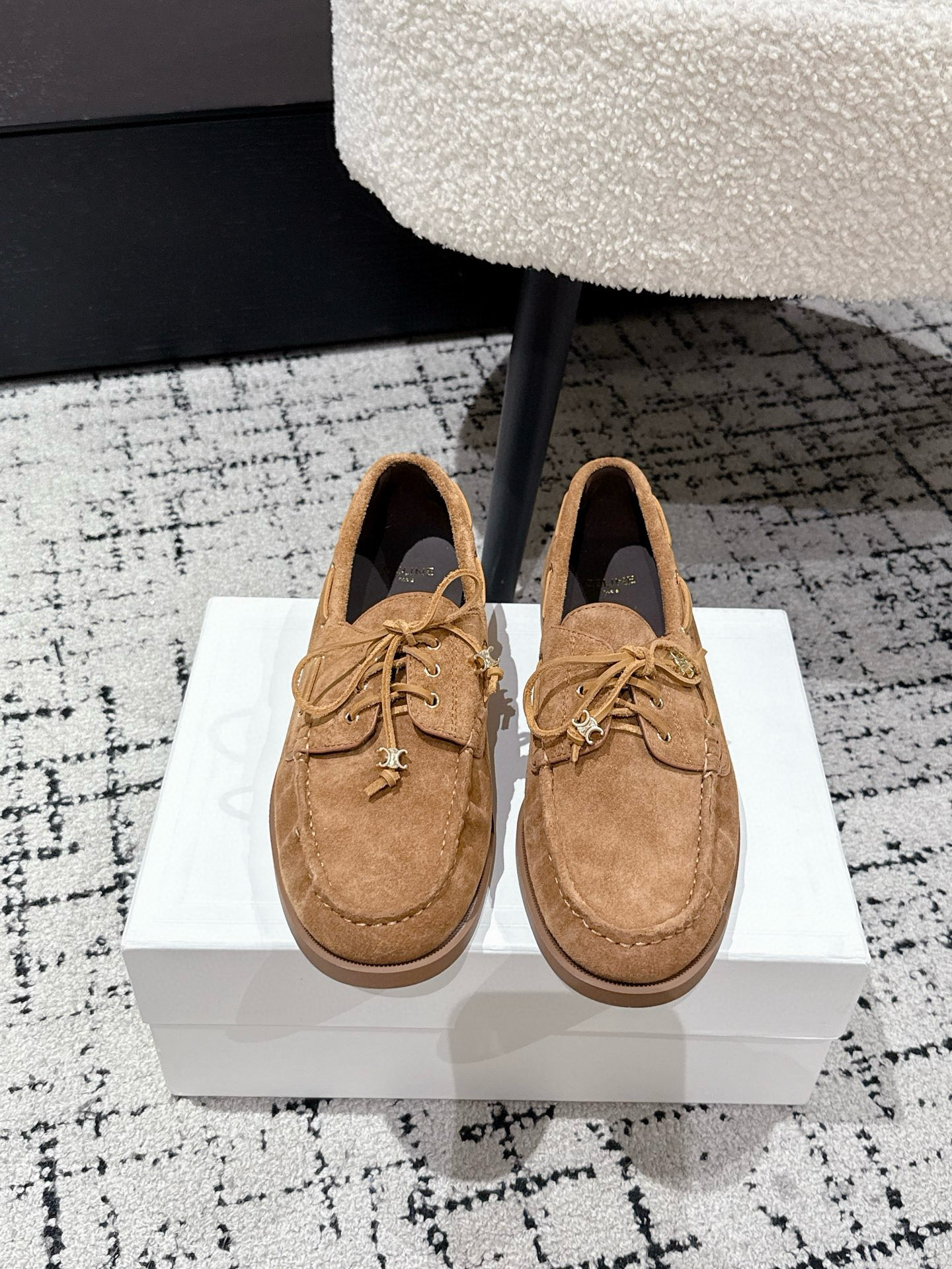 Celine Women's Tan Suede Lace-Up Loafers Comfortable Flat Shoes