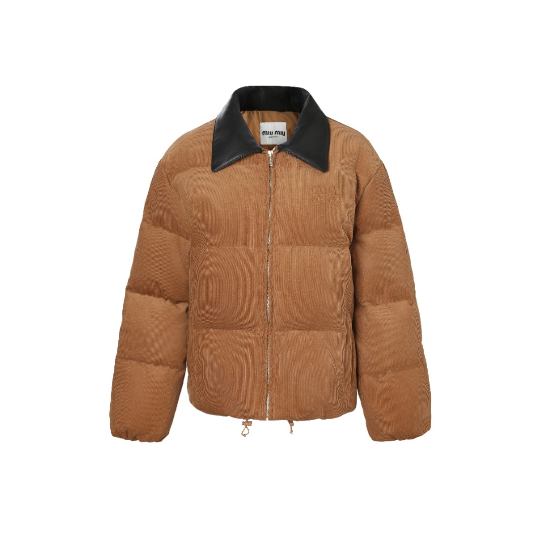 Miu Miu Corduroy Down Jacket with Leather Collar, Brown, Women's Size S-L