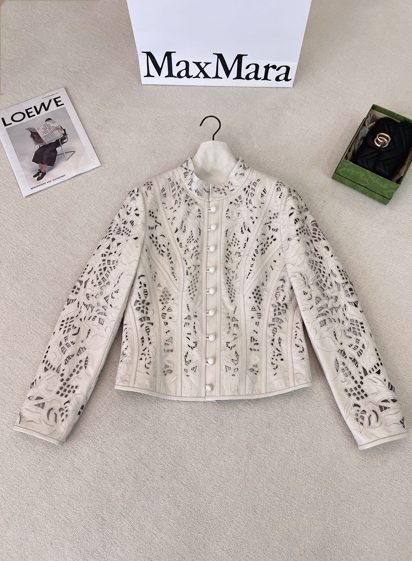 Hermes Beige Embroidered Leather Jacket