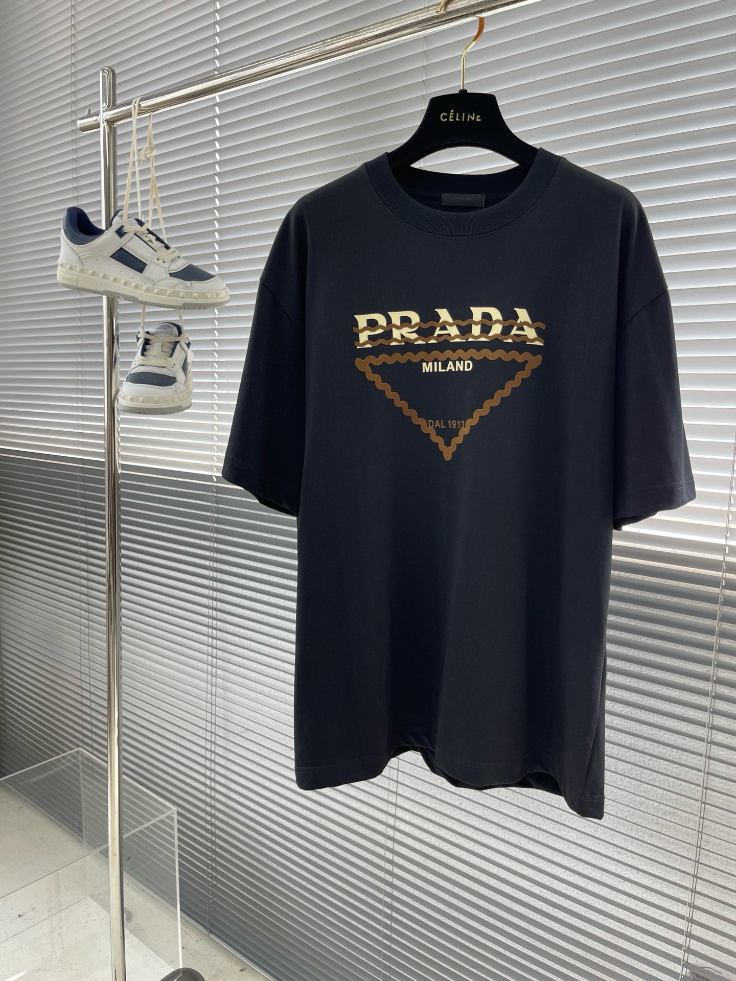 Prada Vêtements T-Shirt Noir Blanc Unisexe Coton Double fil de coton Manches courtes