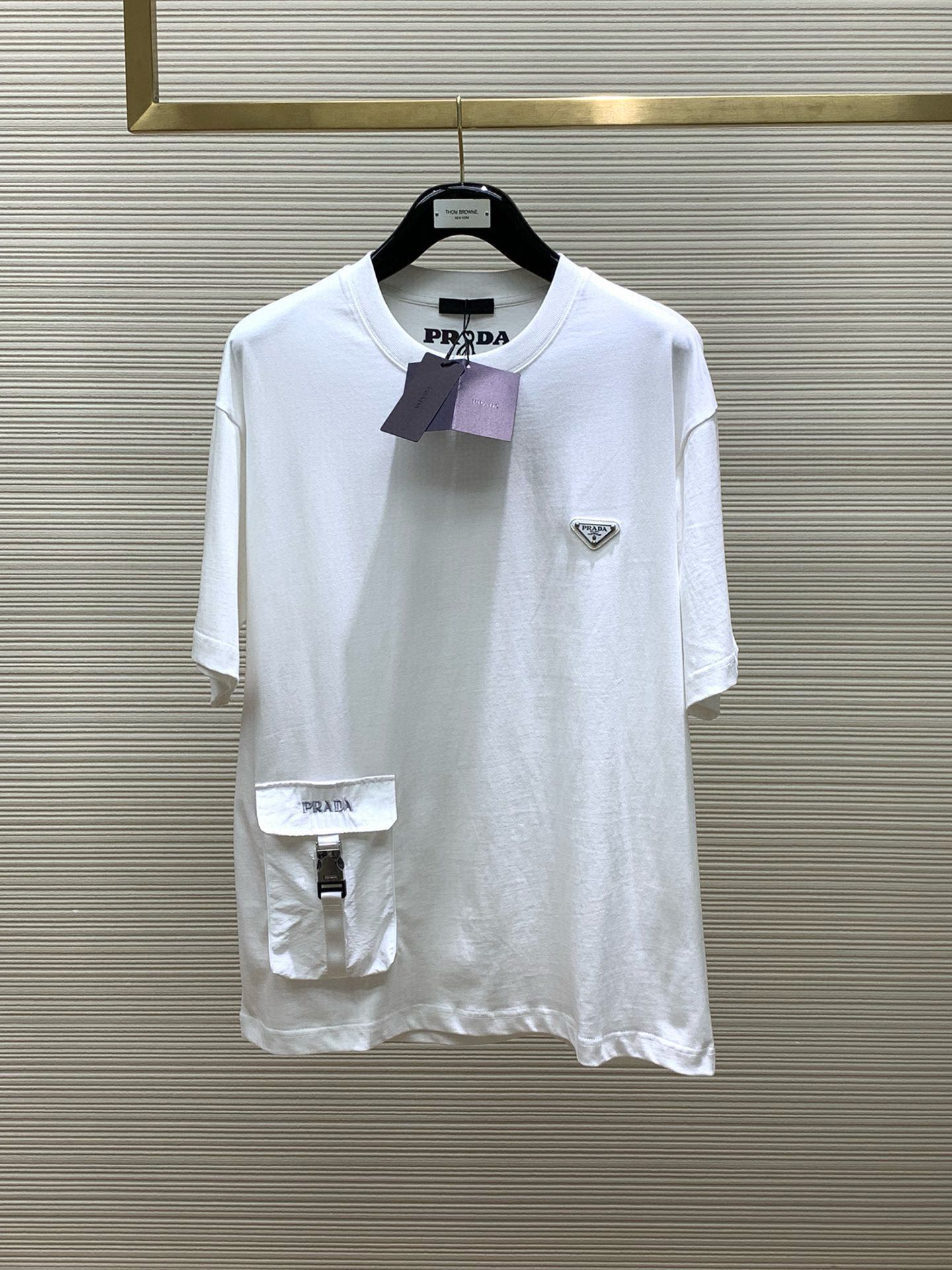 Prada Vêtements T-Shirt Noir Blanc Unisexe Coton Double fil de coton Manches courtes