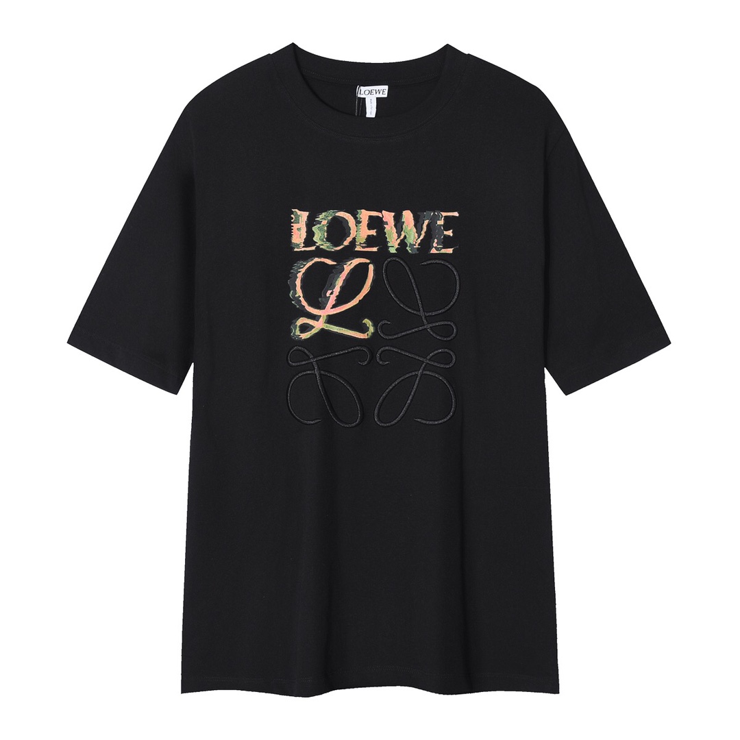 Loewe Vêtements T-Shirt Noir Blanc Broderie de fleurs Unisexe Coton Série d’été Manches courtes