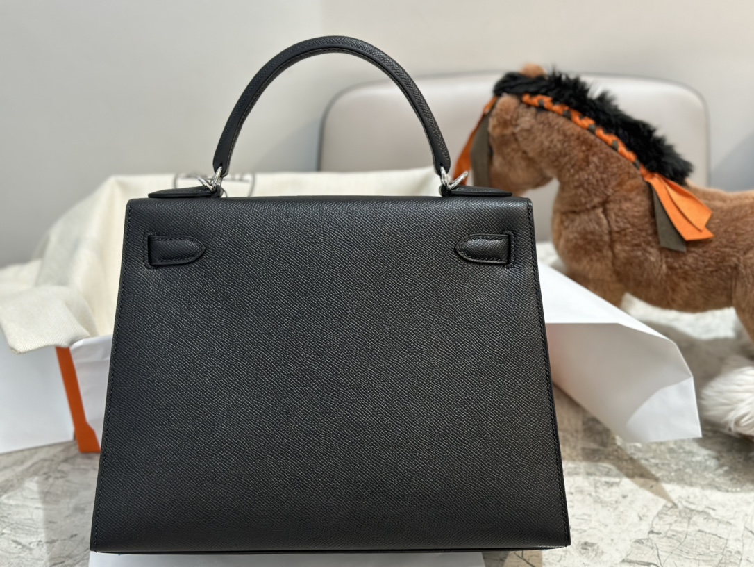 Hermès Kelly 28cm black gold buckle silver buckle Epsom hand sewing