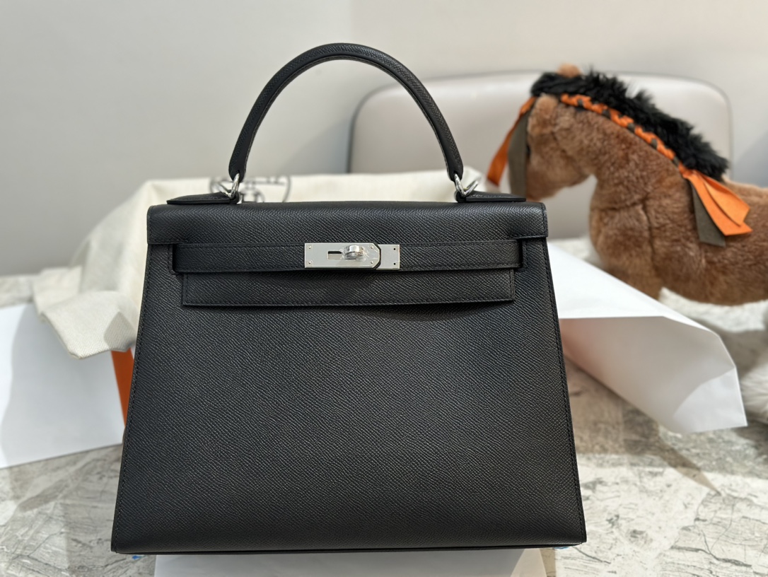 Hermès Kelly 28cm black gold buckle silver buckle Epsom hand sewing