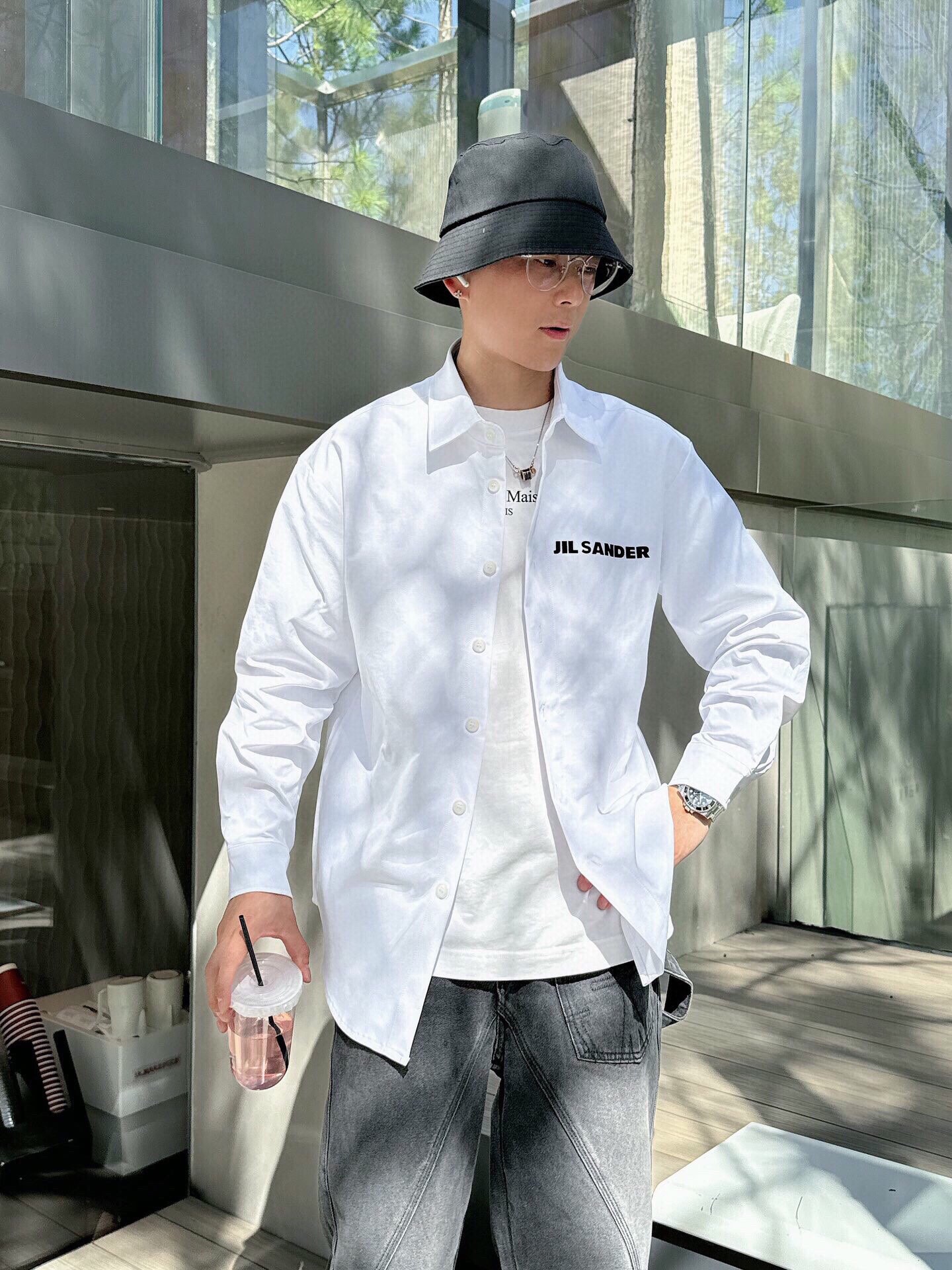 Luxury Gender-Neutral Jil Sander Shirt with Classic Logo Velvet Detail in Black and White