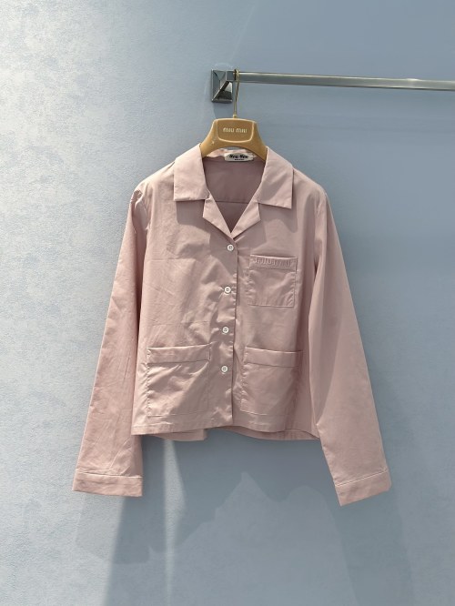 Miu Miu Inspired Pink Embroidered Pocket Shirt Long Sleeve Cotton 1 Miu Miu Inspired Pink Embroidered Pocket Shirt Long Sleeve Cotton