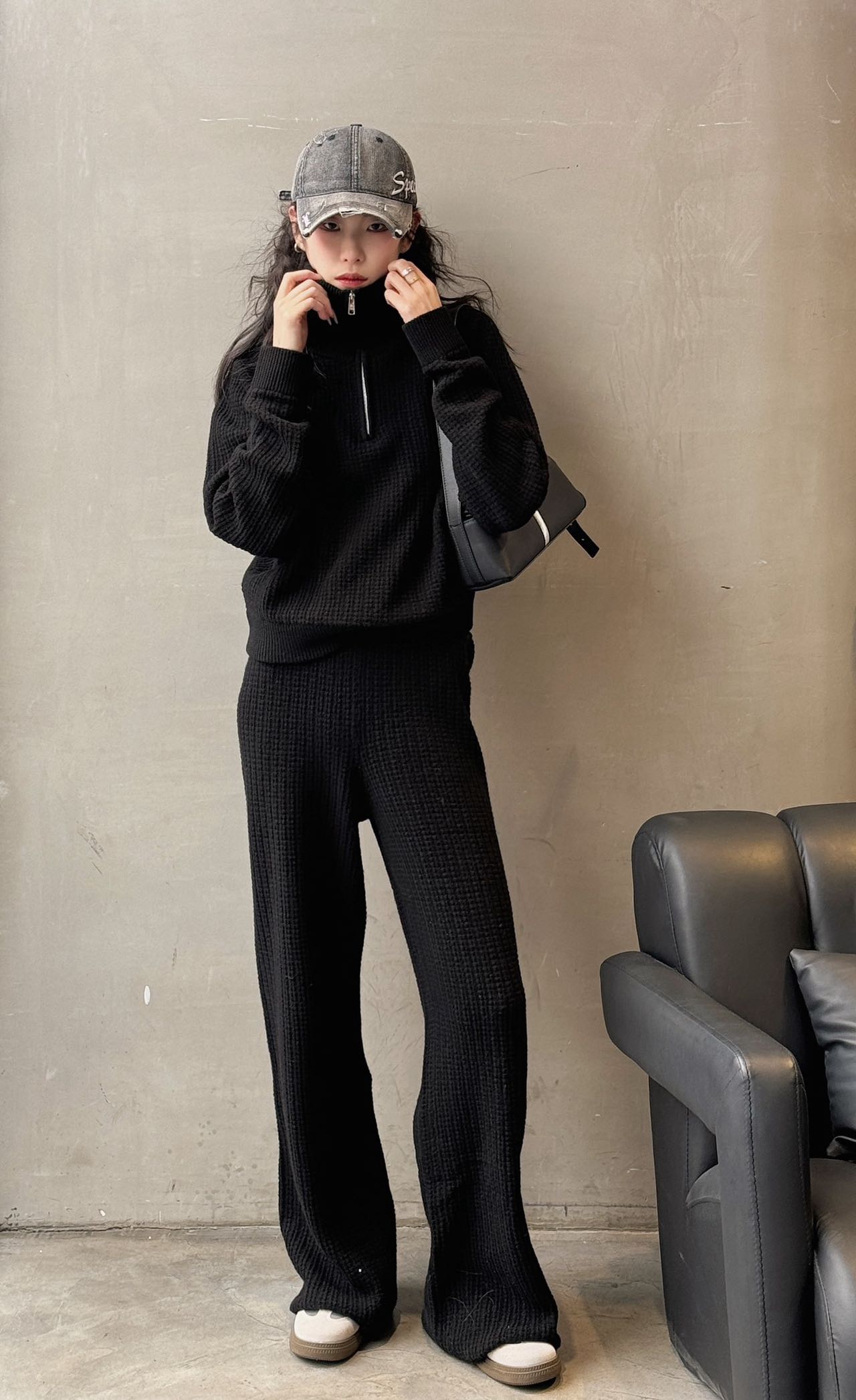 Comfortable Waffle Knit High Waist Broad-Legged Pants for Versatile Style - 图片 7