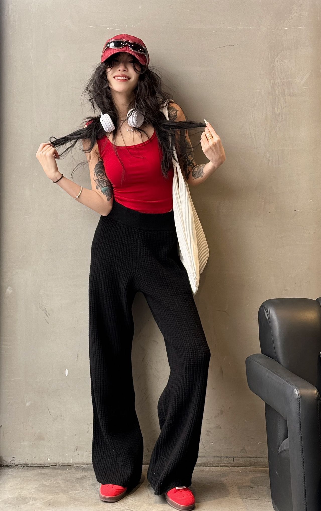 Comfortable Waffle Knit High Waist Broad-Legged Pants for Versatile Style - 图片 2