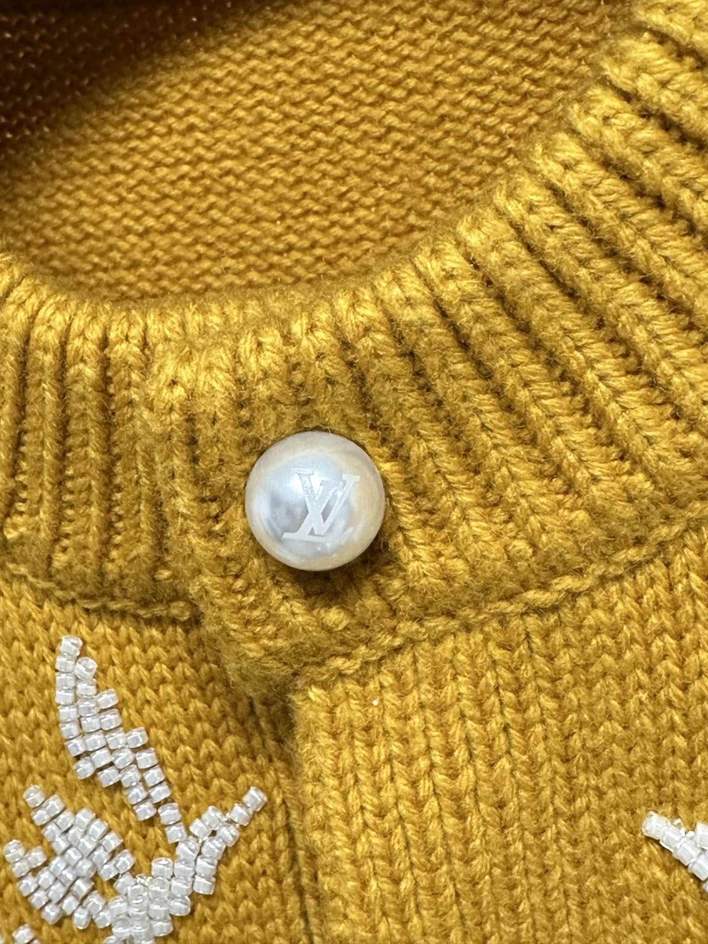 LV Mustard Floral Embroidery Pearl Button Cardigan