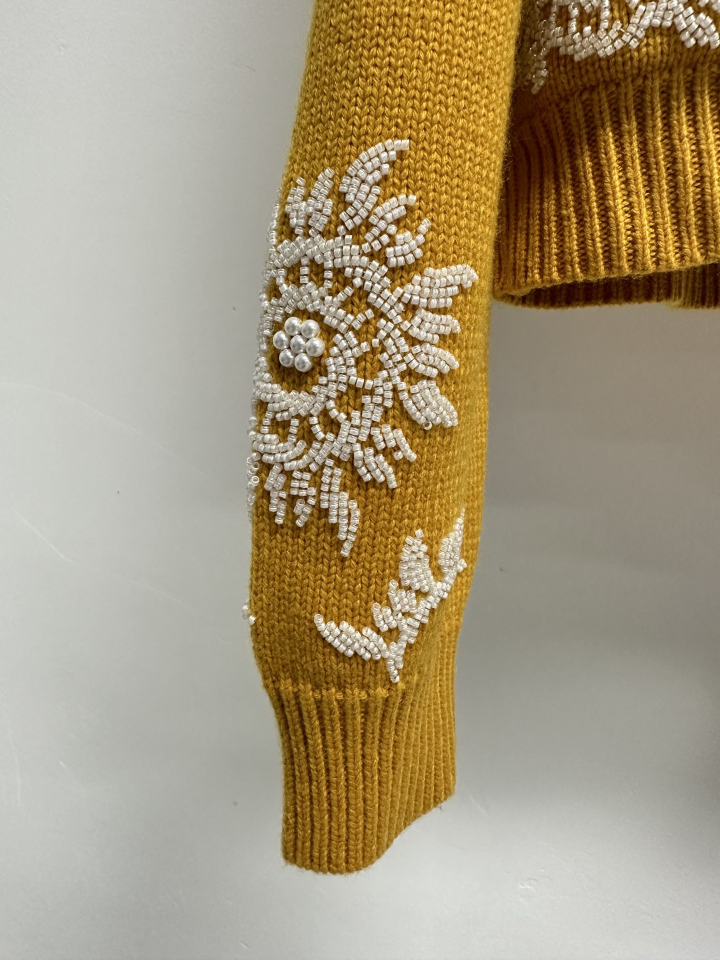 LV Mustard Floral Embroidery Pearl Button Cardigan