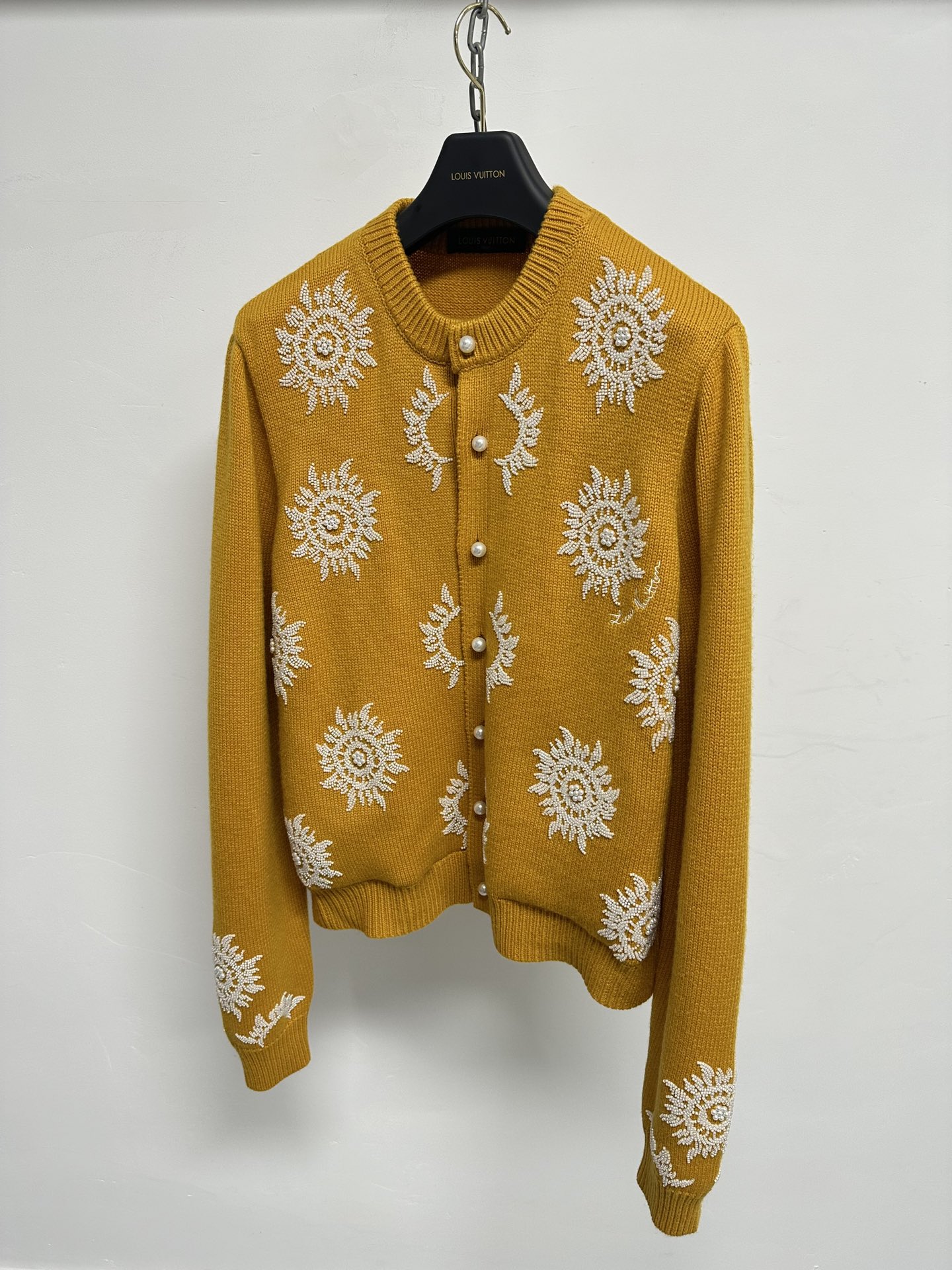 LV Mustard Floral Embroidery Pearl Button Cardigan