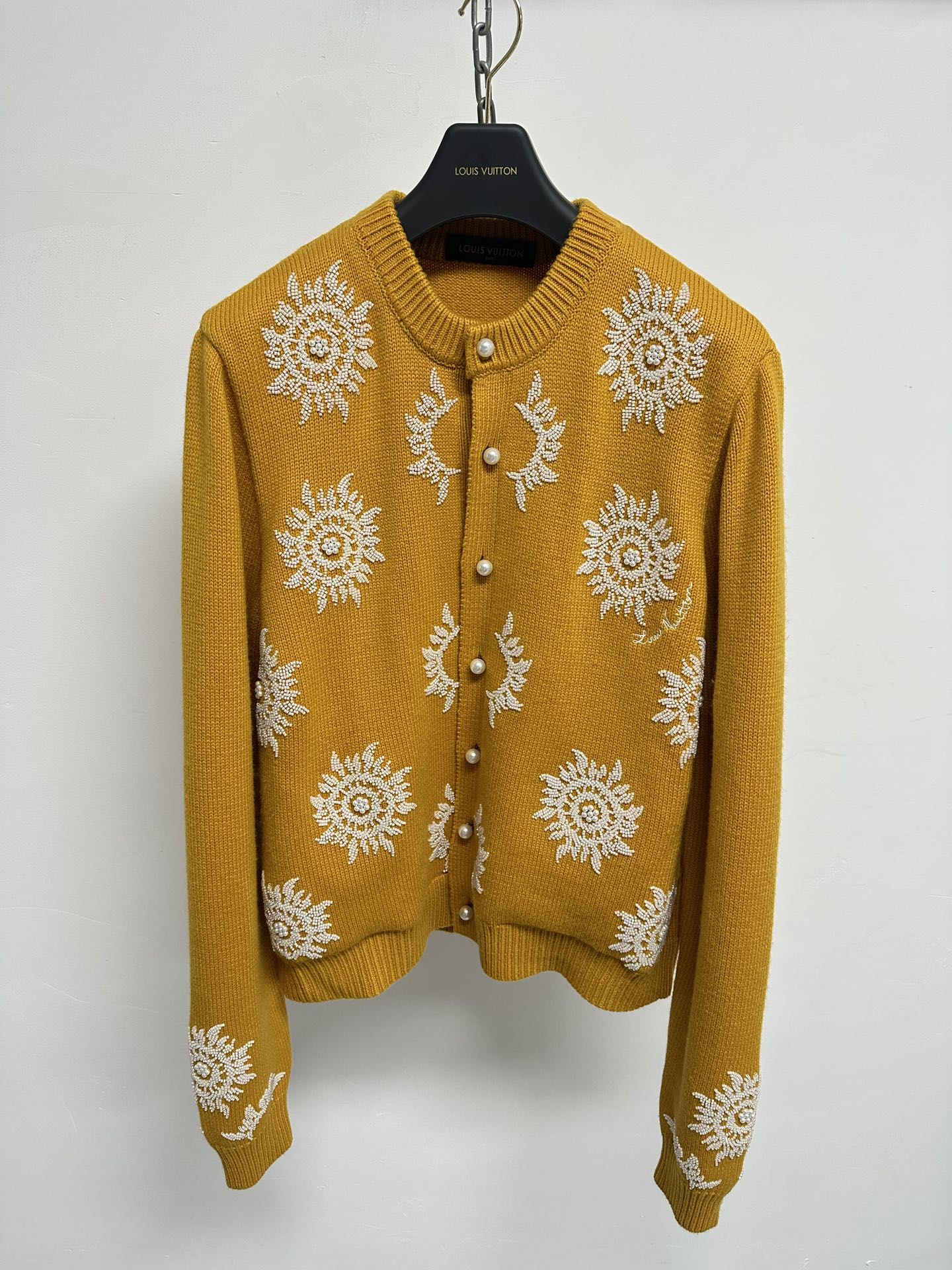 LV Mustard Floral Embroidery Pearl Button Cardigan