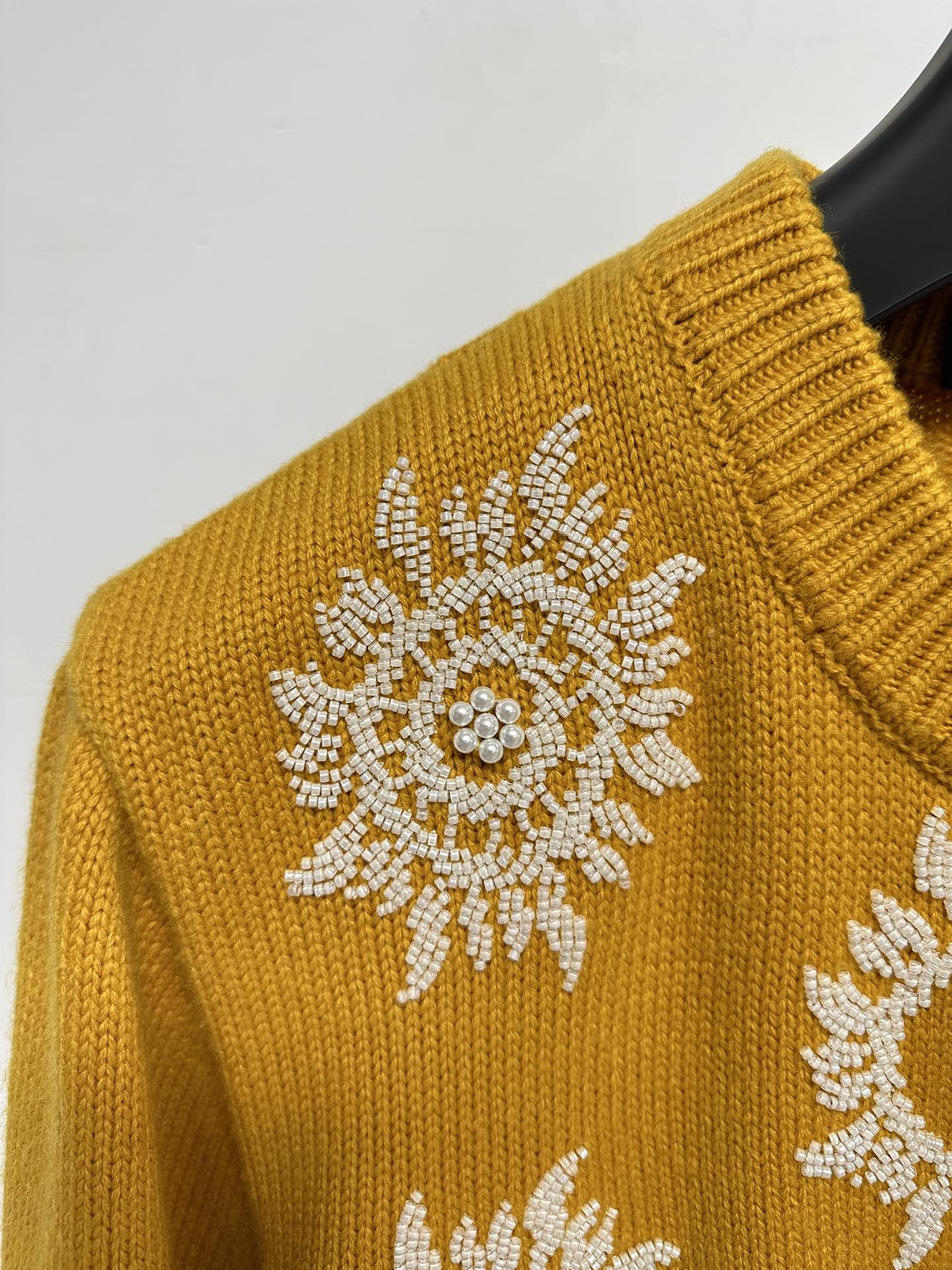LV Mustard Floral Embroidery Pearl Button Cardigan