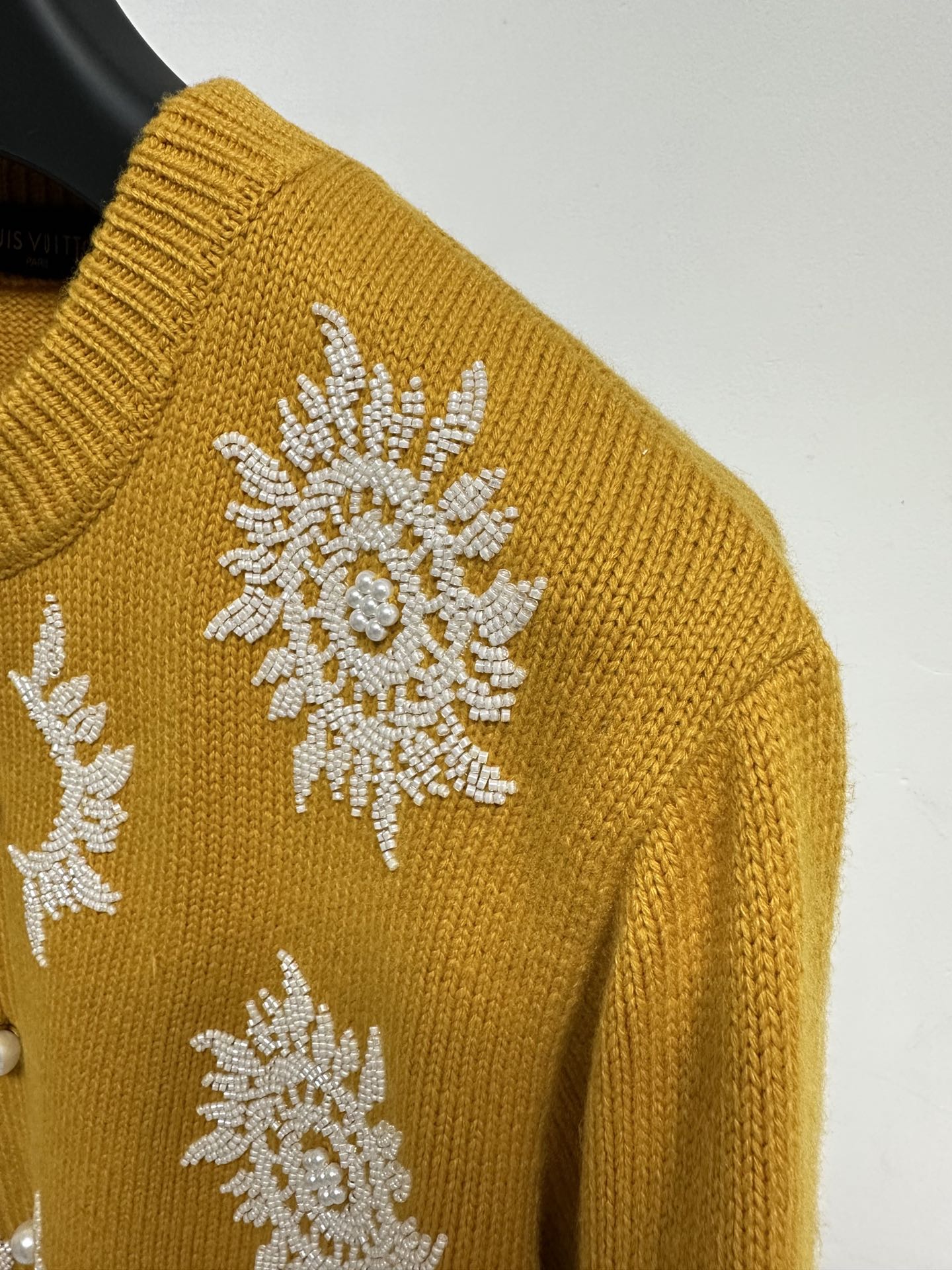 LV Mustard Floral Embroidery Pearl Button Cardigan