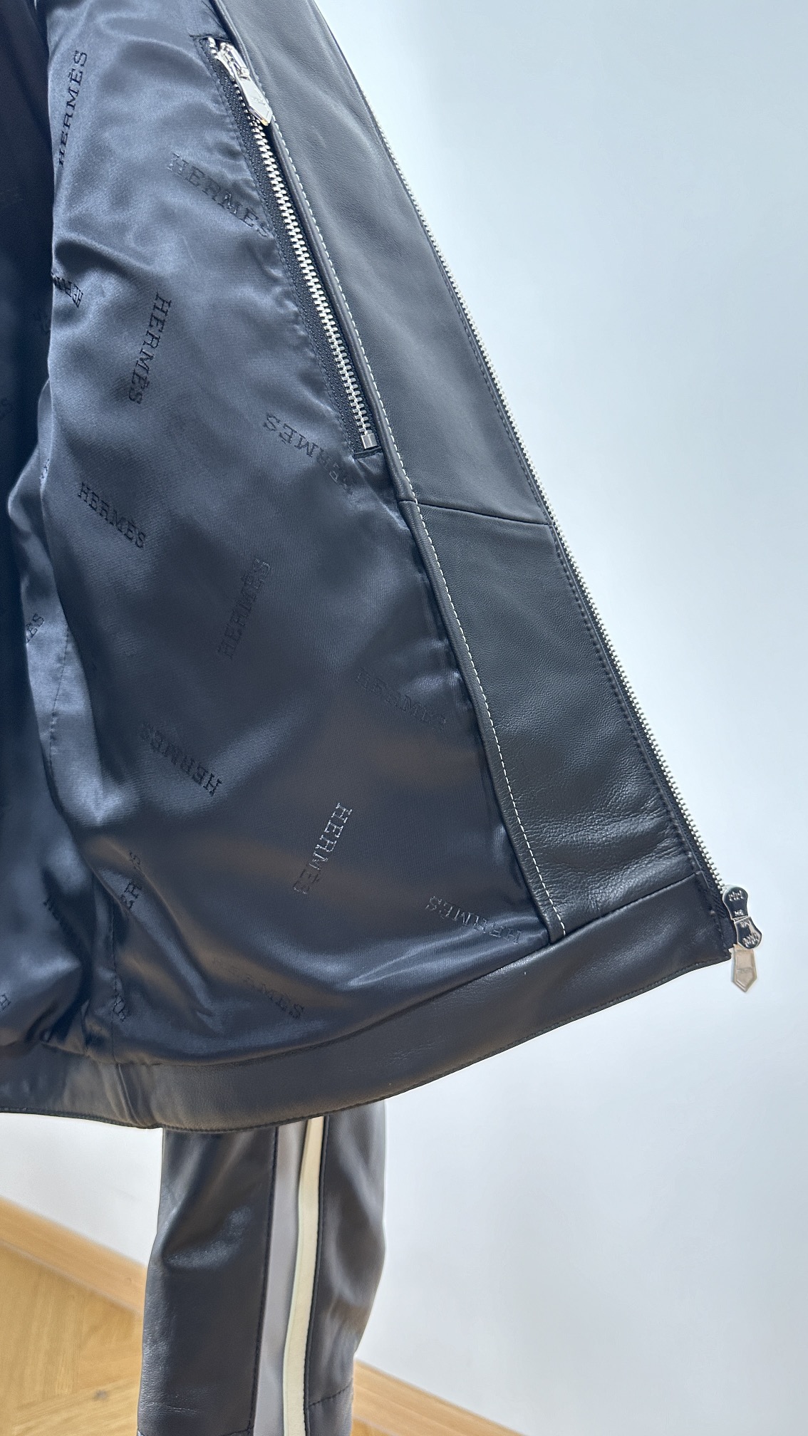 Hermès Striped Sleeve Black Leather Jacket