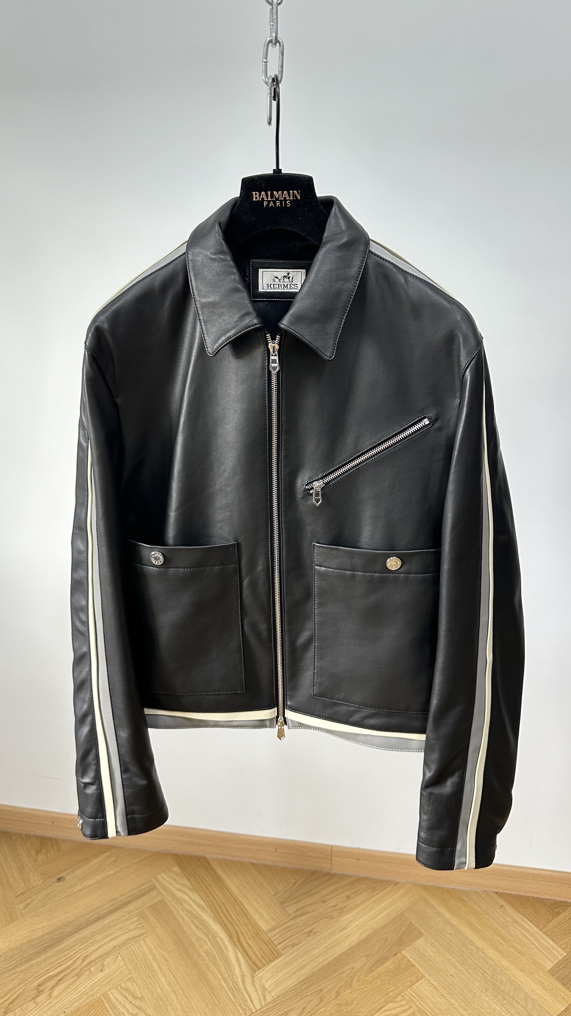 Hermès Striped Sleeve Black Leather Jacket
