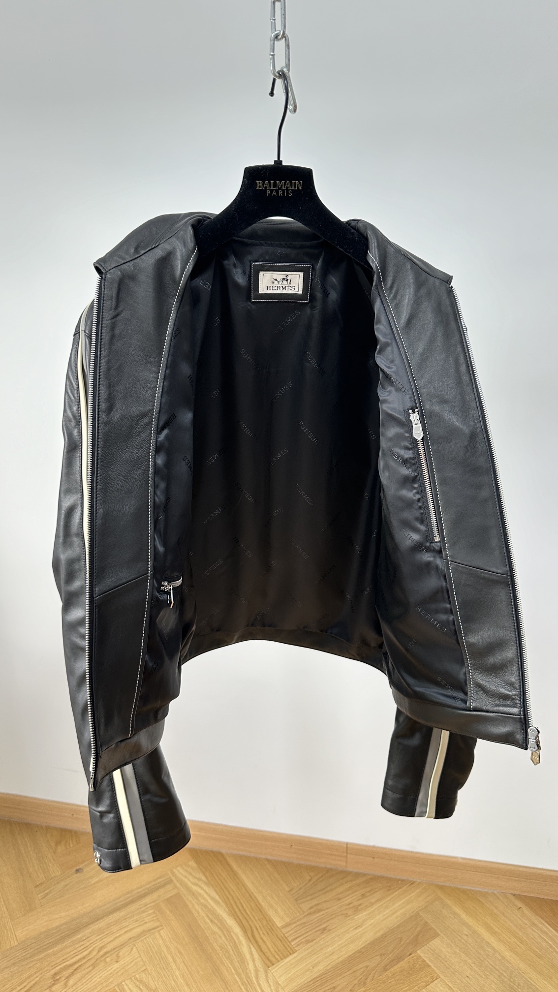 Hermès Striped Sleeve Black Leather Jacket