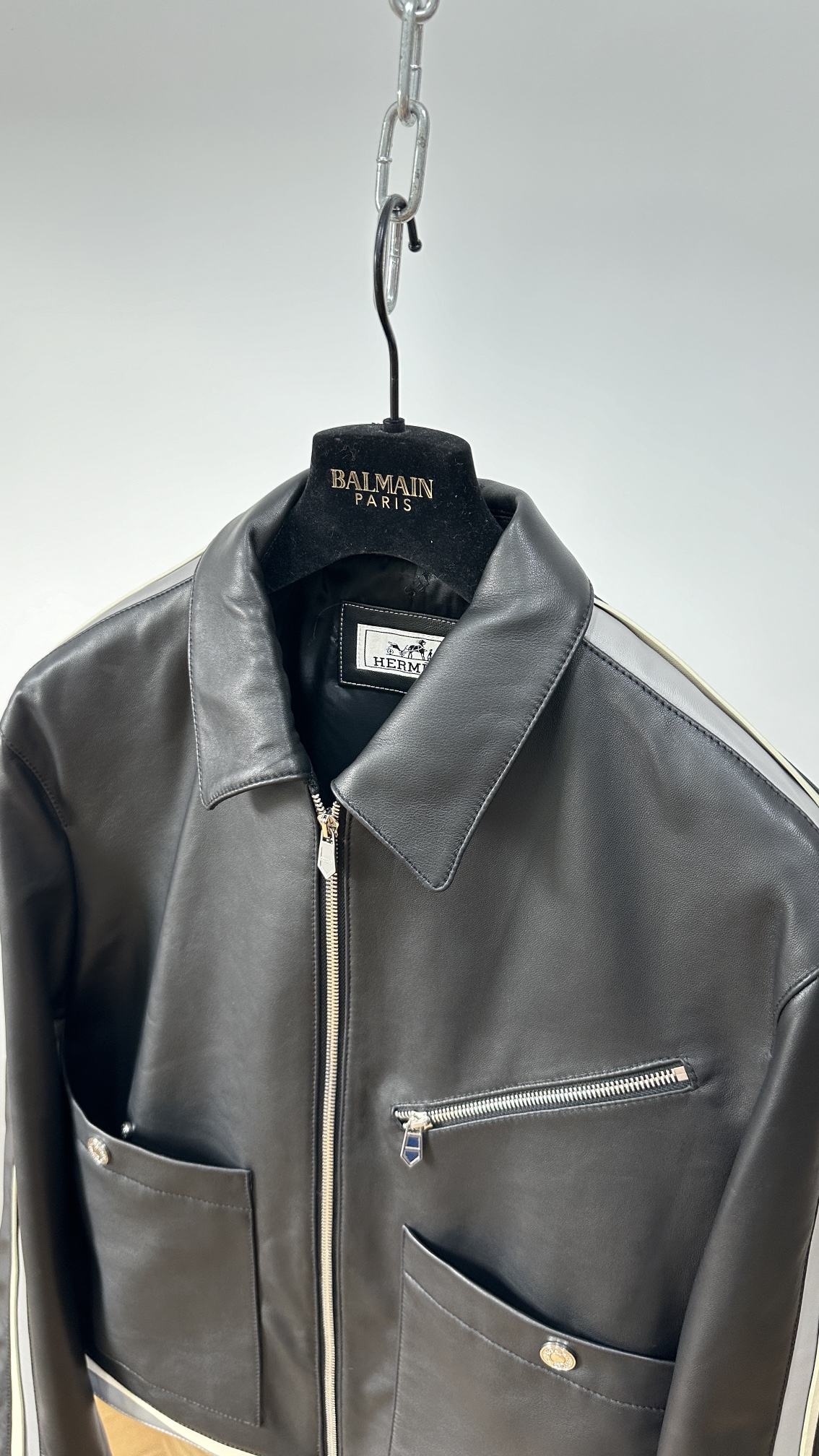 Hermès Striped Sleeve Black Leather Jacket