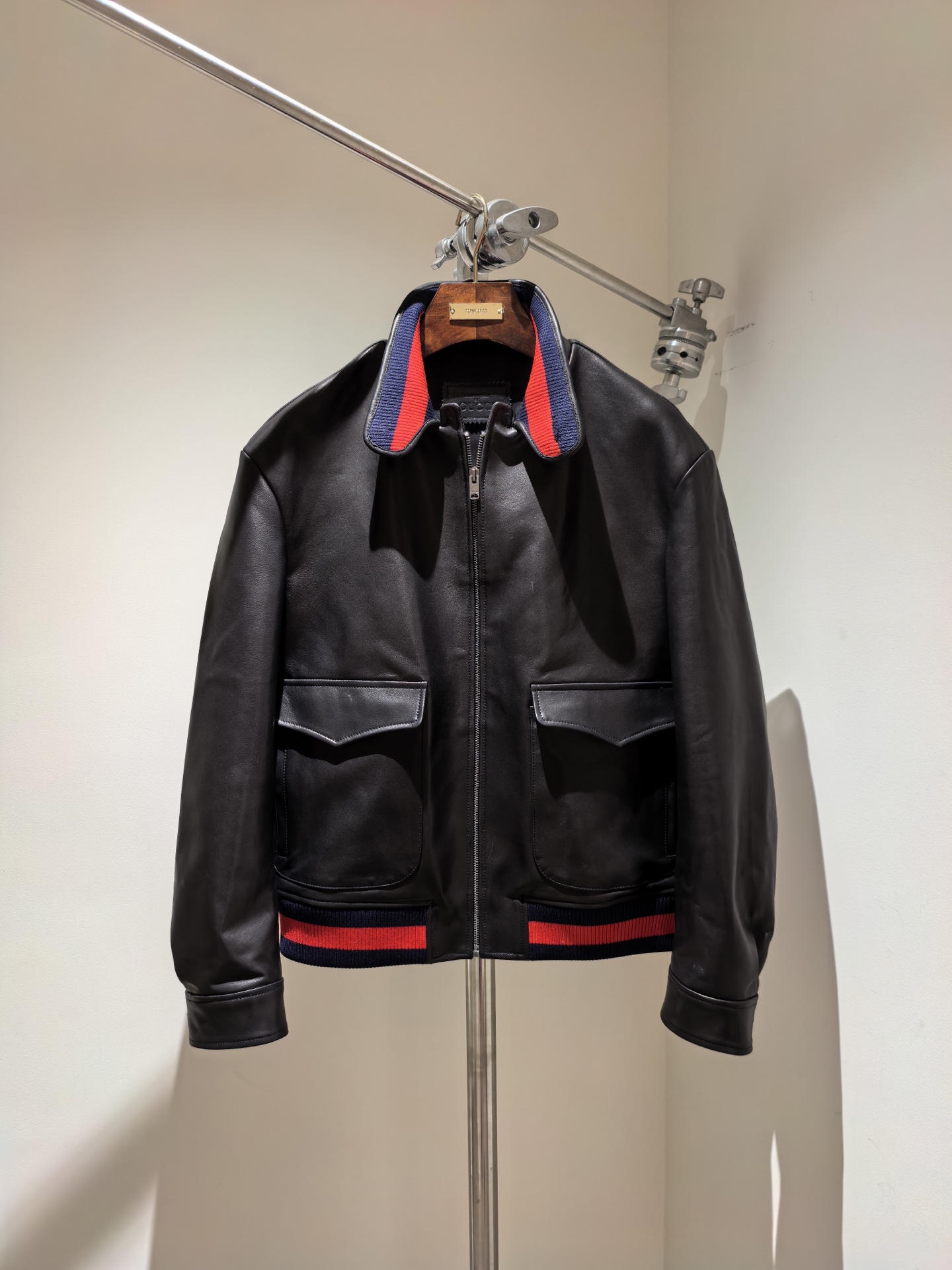 Guc@i Lambskin Jacket – Blue and Red Retro Casual Business Essential
