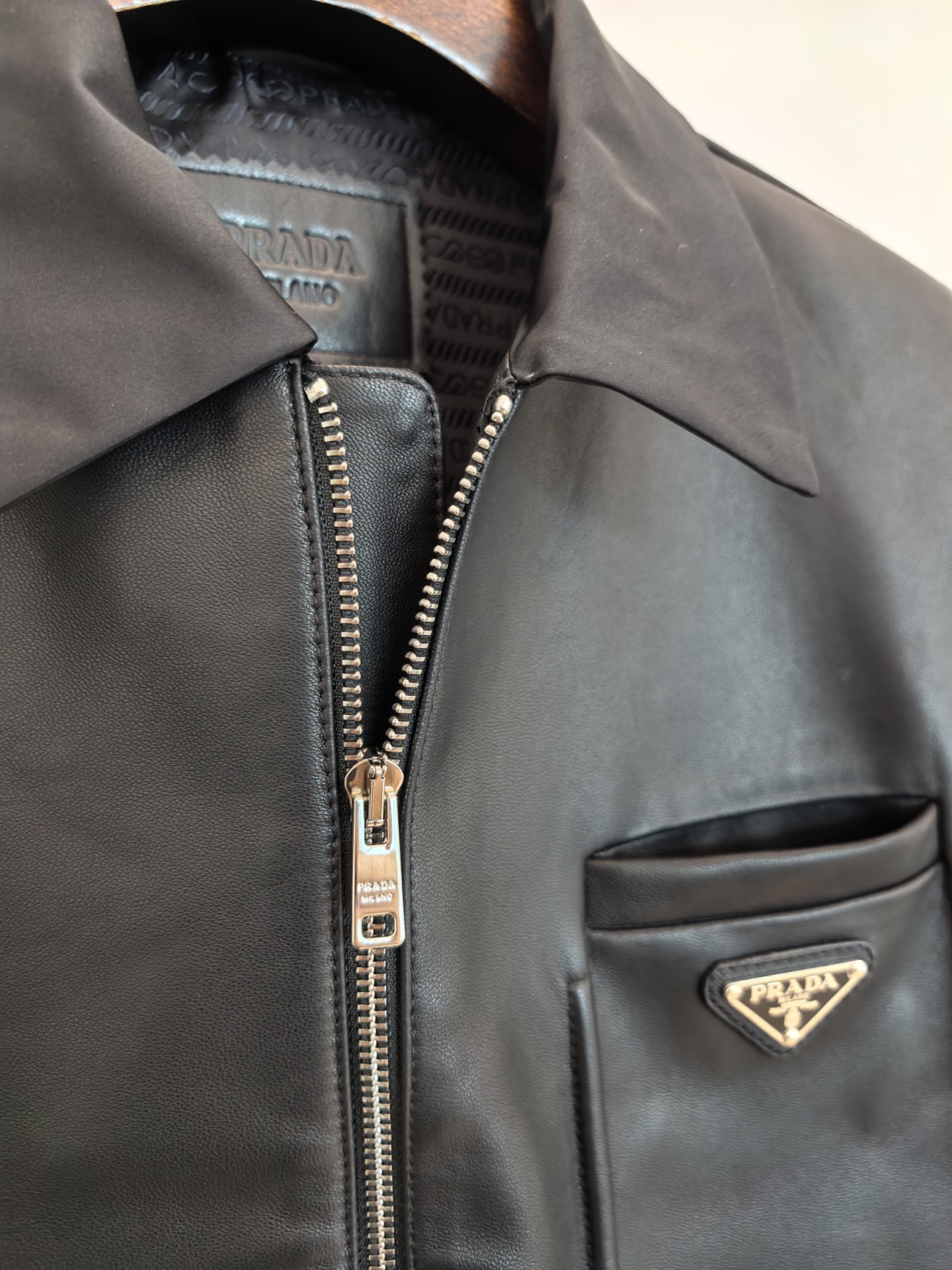 Prada Triangle Logo Leather Zip Jacket