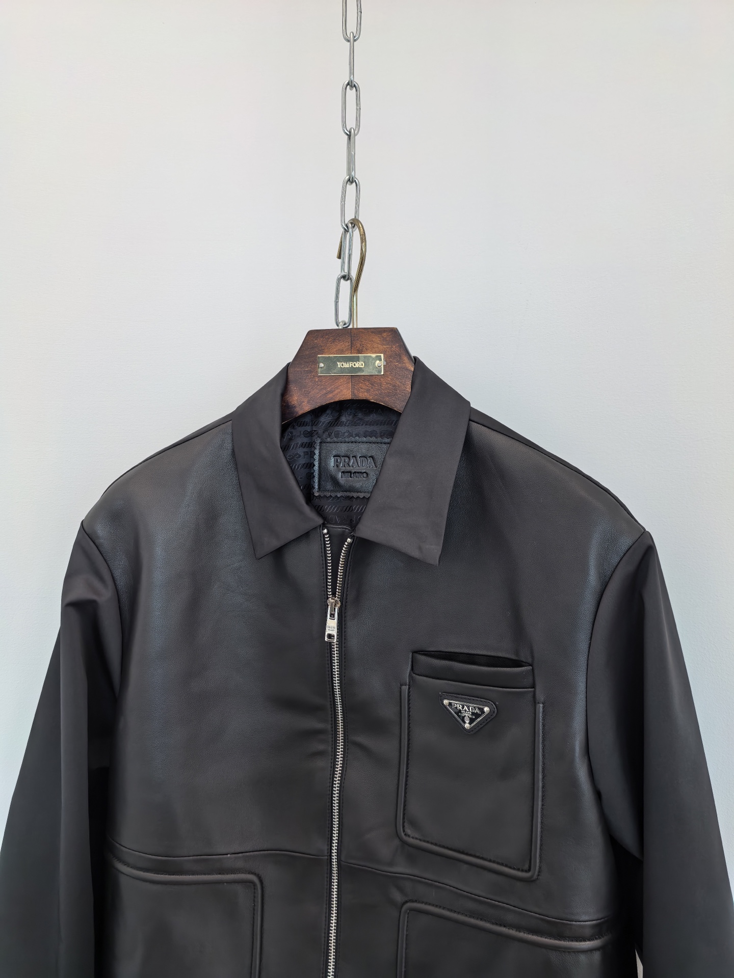 Prada Triangle Logo Leather Zip Jacket