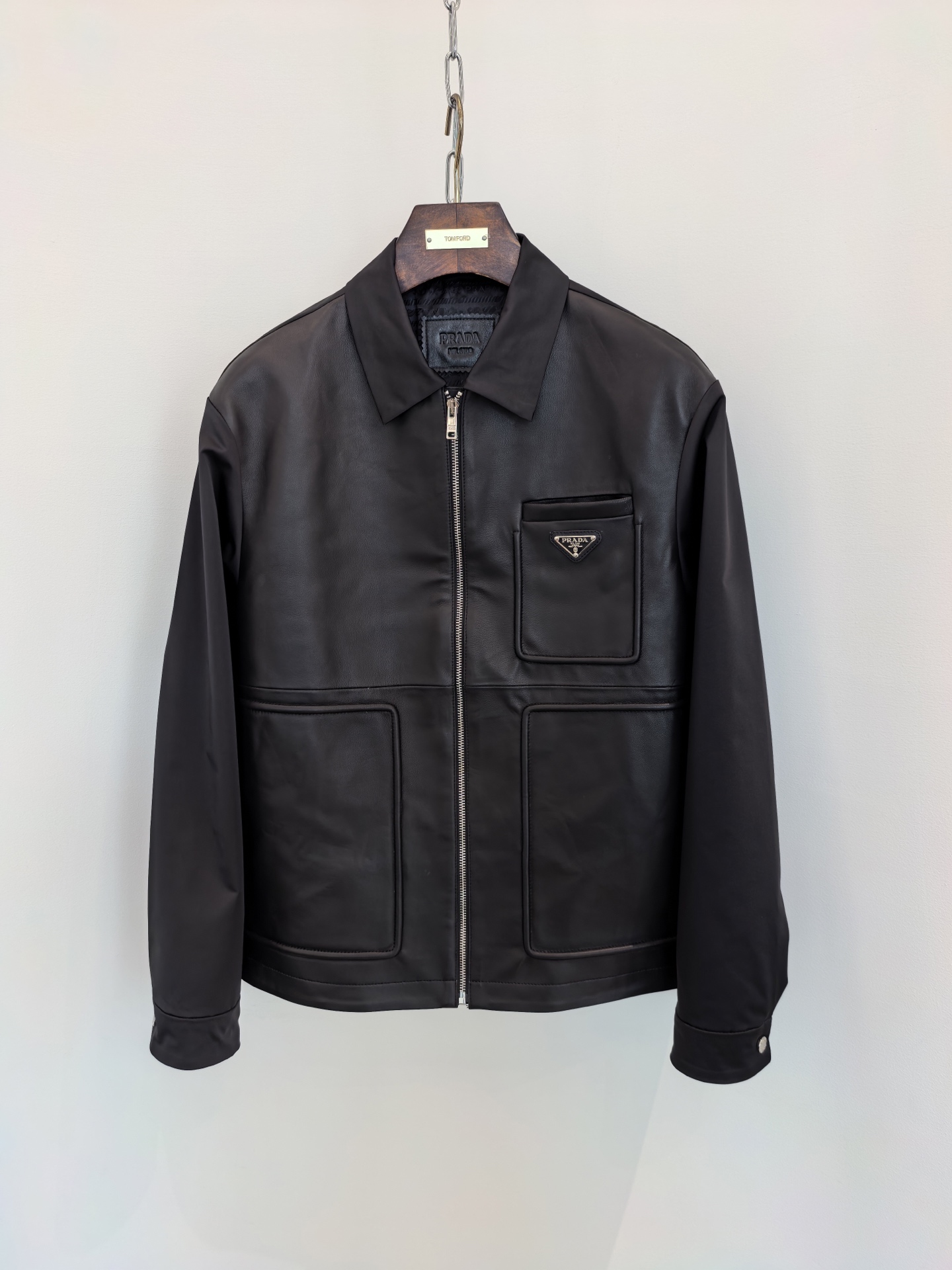 Prada Triangle Logo Leather Zip Jacket