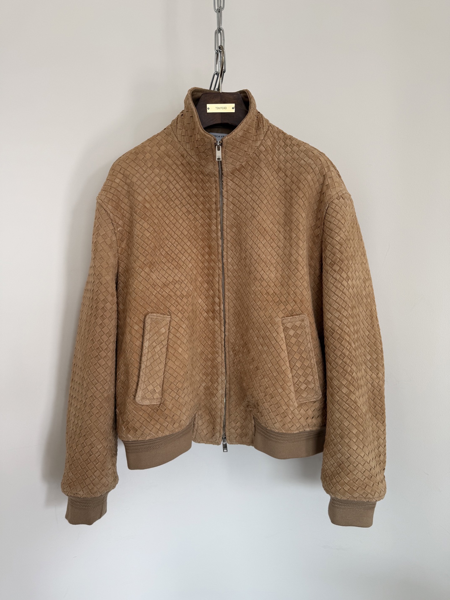 Bottega Veneta Tan Woven Pattern Zip Jacket