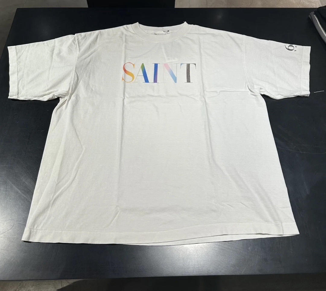 SAINT Michael Rainbow Logo Vintage Crew Neck T-Shirt, Cement White 2 i1734424708 6204 0