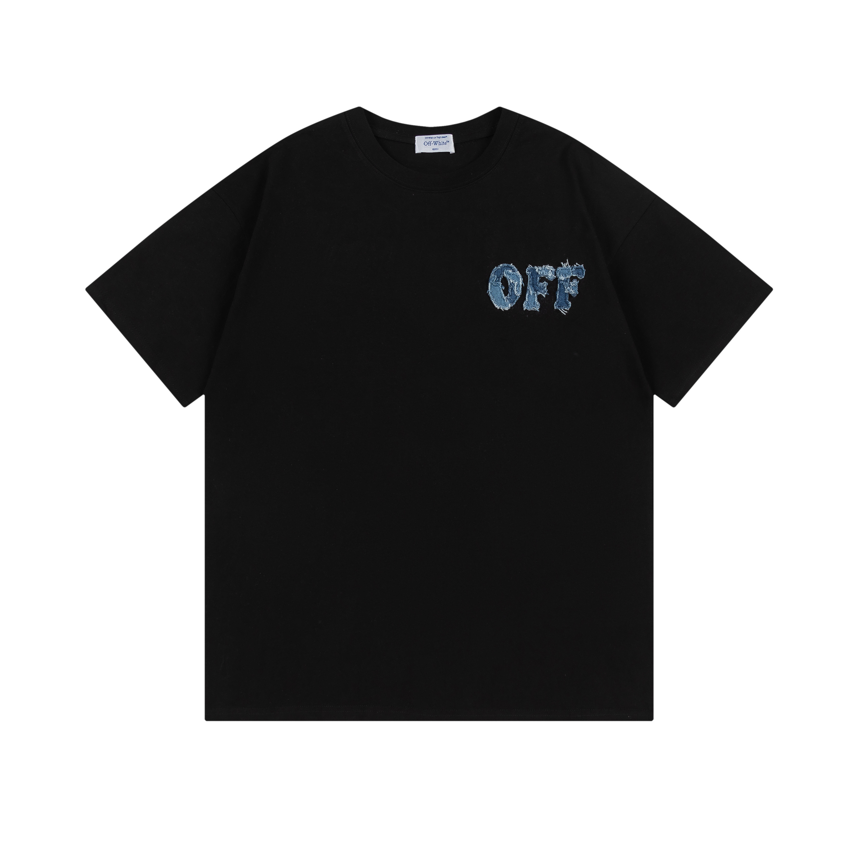 Off-White Black Crew Neck T-Shirt with Denim Logo - Stylish Comfort 2 i1747706465828 469 0 0