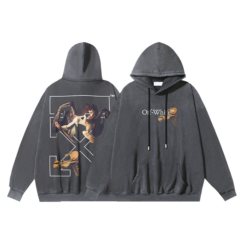 Off-White Angel Print Vintage Wash Pullover Hoodie Sweatshirt