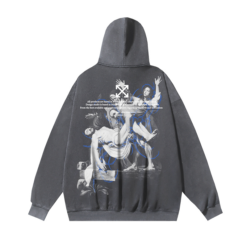 Off-White Caravaggio Arrows Print Grey Vintage Wash Cotton Hoodie