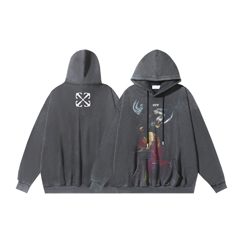Off White Caravaggio Angel Print Distressed Grey Hoodie Pullover Sweatshirt