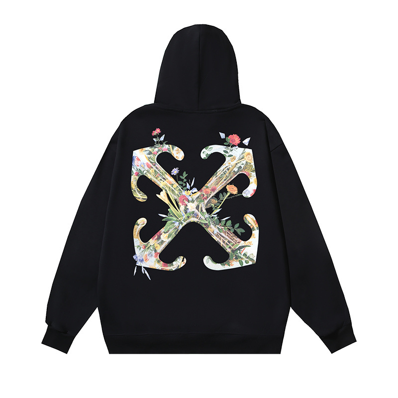 Off-White Floral Arrows Black Cotton Hoodie | Drawstring Hood | Size S-XL