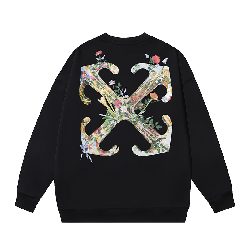 Off-White Floral Arrow Black Sweatshirt, Crew Neck Pullover, S-XL Available