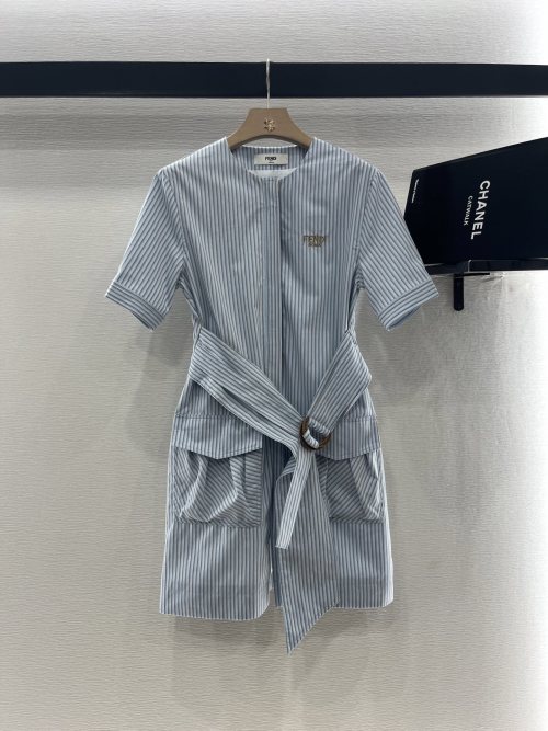 Fendi Striped Belted Mini Dress - Cotton, Short Sleeves, Slim Fit 1 Fendi Striped Belted Mini Dress - Cotton, Short Sleeves, Slim Fit