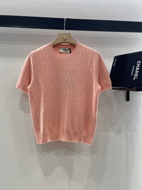 Fendi Women's Jacquard Knit Short Sleeve Top - Peach, Slim Fit 1 Fendi Women's Jacquard Knit Short Sleeve Top - Peach, Slim Fit