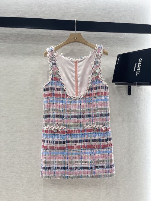 Chanel Wool Blend Tweed Mini Dress Sleeveless Pink Purple Plaid 1 Chanel Wool Blend Tweed Mini Dress Sleeveless Pink Purple Plaid
