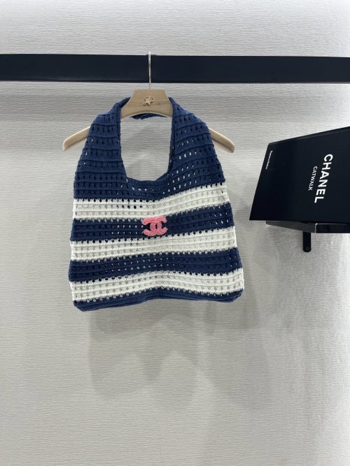 Chanel Striped Crochet Knit Shoulder Bag with CC Logo - Lightweight & Stylish 1 Chanel Striped Crochet Knit Shoulder Bag with CC Logo - Lightweight & Stylish