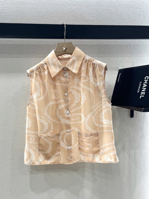 Chanel Sleeveless Printed Blouse, Chic Camellia & CC Logo Design, Cotton Linen 1 Chanel Sleeveless Printed Blouse, Chic Camellia & CC Logo Design, Cotton Linen