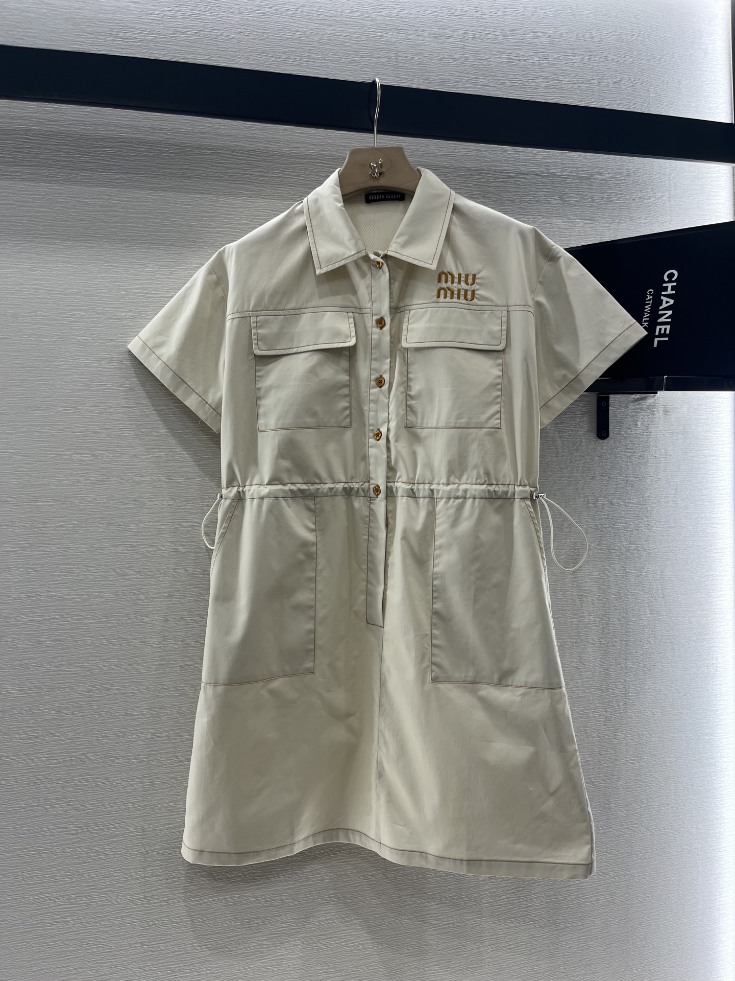 Miu Miu Women's Beige Cotton Twill Short Sleeve Mini Shirt Dress