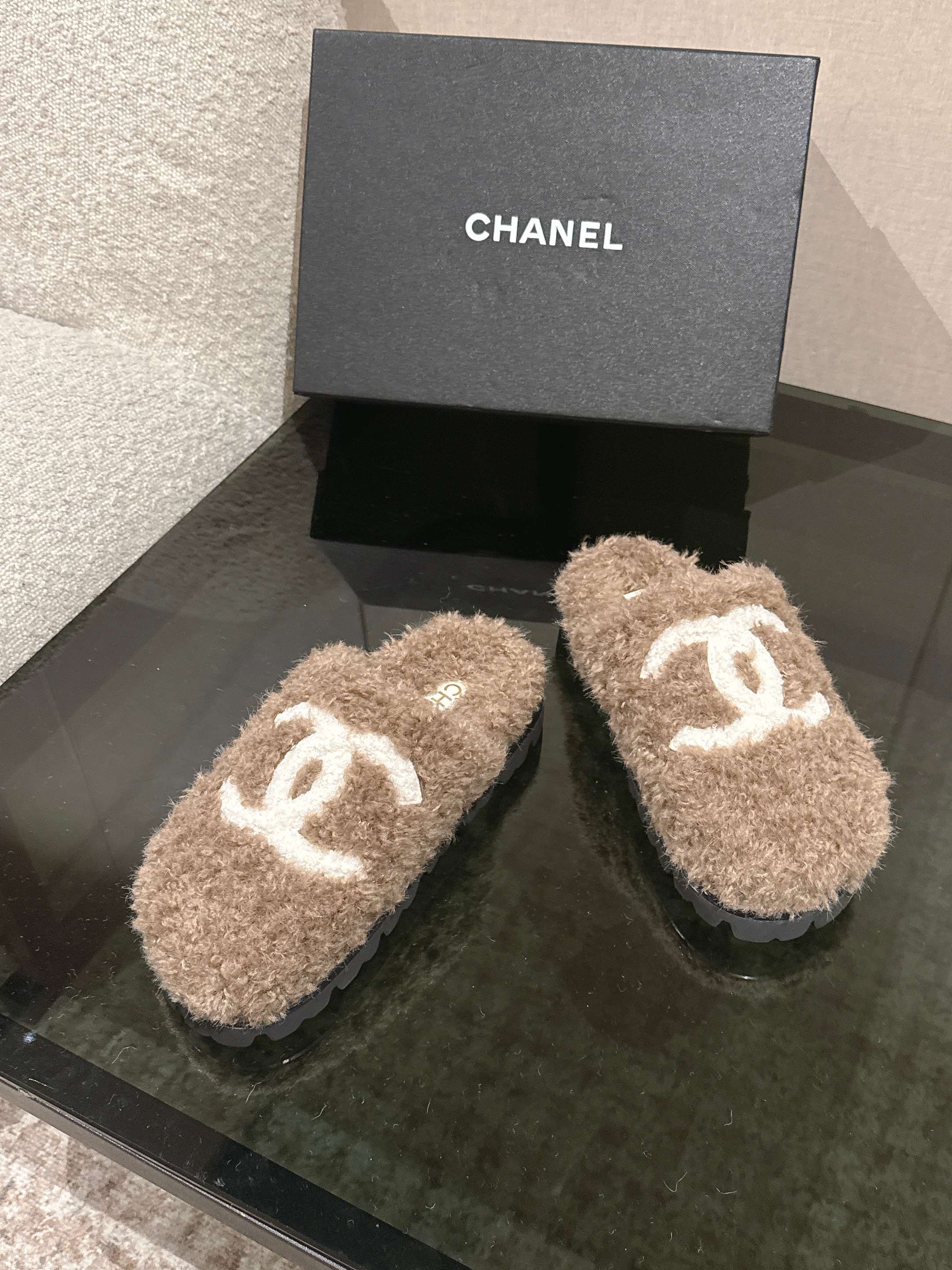 Chanel Tan Logo Fuzzy Mules