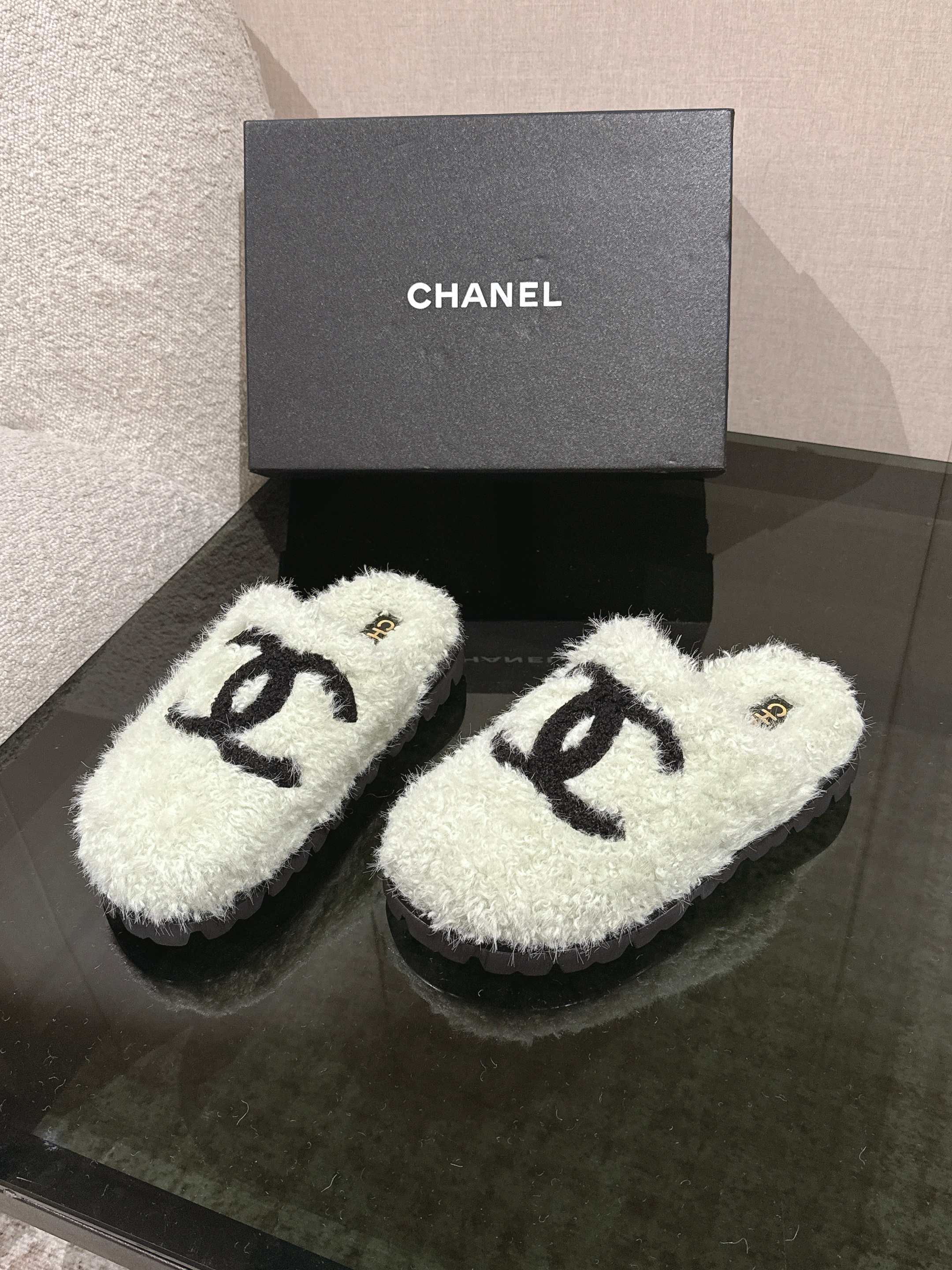 Chanel White Logo Fuzzy Mules