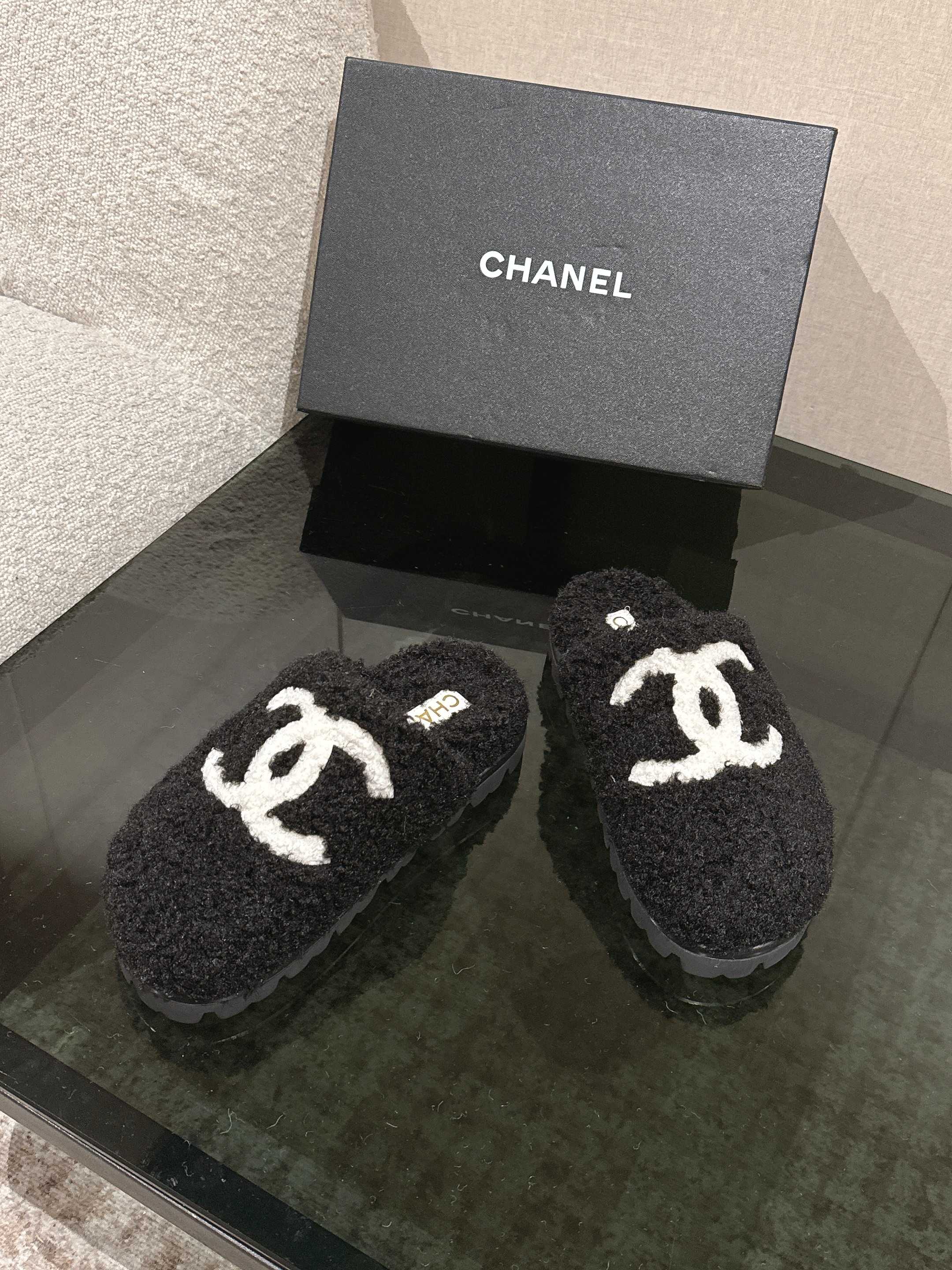 Chanel Black Logo Fuzzy Mules