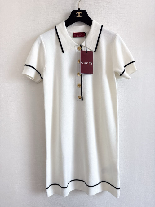 Gucci Women's White Polo Dress with Black Trim - Short Sleeve, Gold Buttons 1 Gucci Women's White Polo Dress with Black Trim - Short Sleeve, Gold Buttons